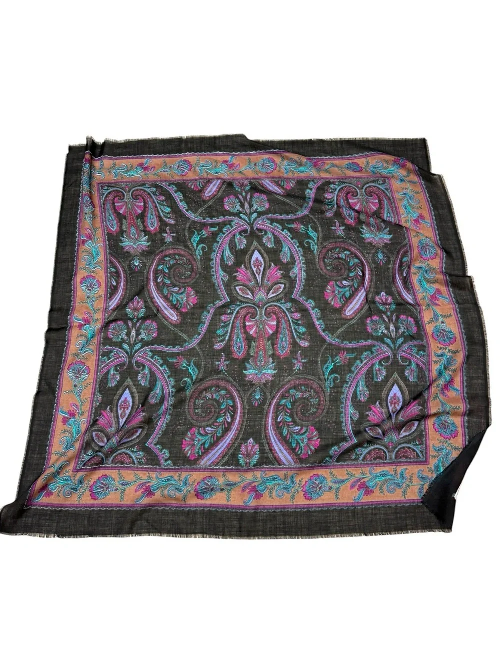 Vintage Lord & Taylor Black Paisley Large Wool Shawl Scarf Black, Fuchsia & Teal